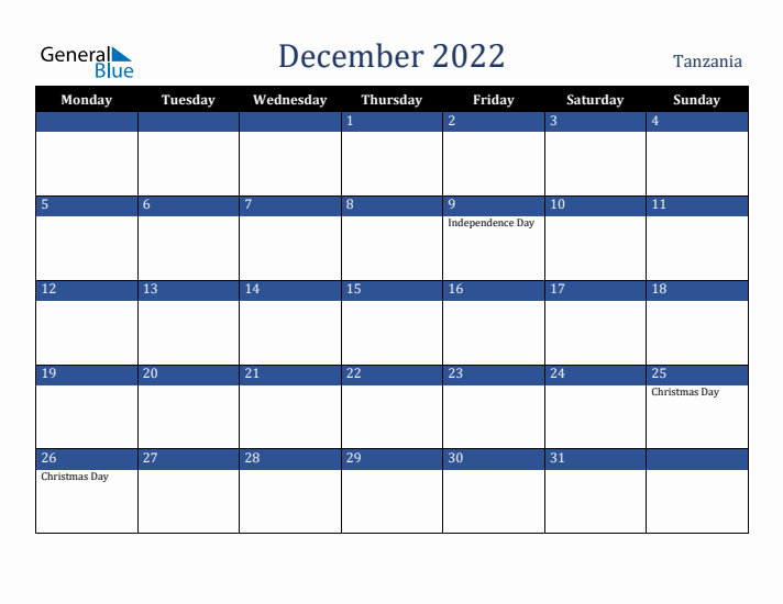 December 2022 Tanzania Calendar (Monday Start)