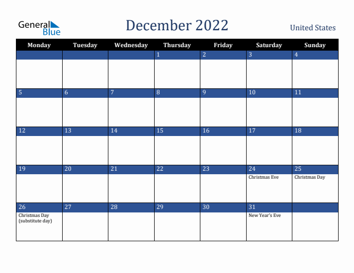 December 2022 United States Calendar (Monday Start)