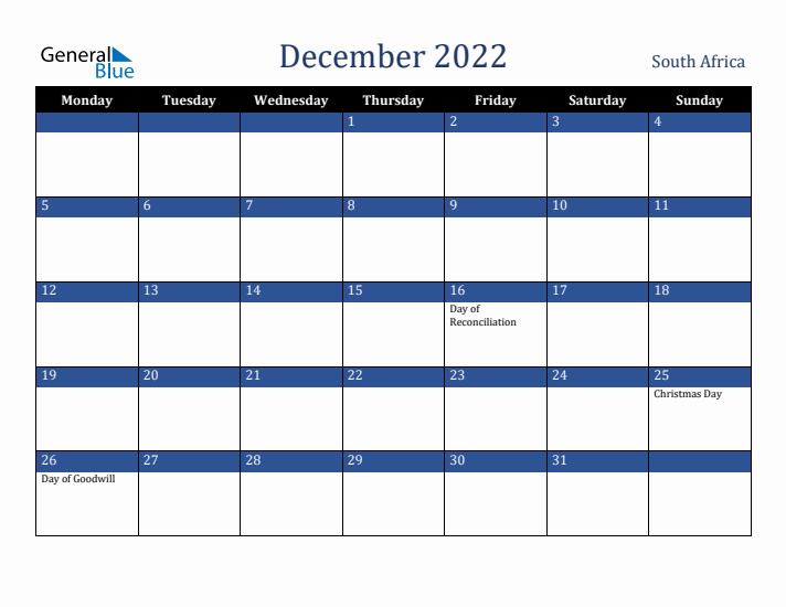 December 2022 South Africa Calendar (Monday Start)