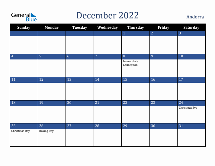 December 2022 Andorra Calendar (Sunday Start)