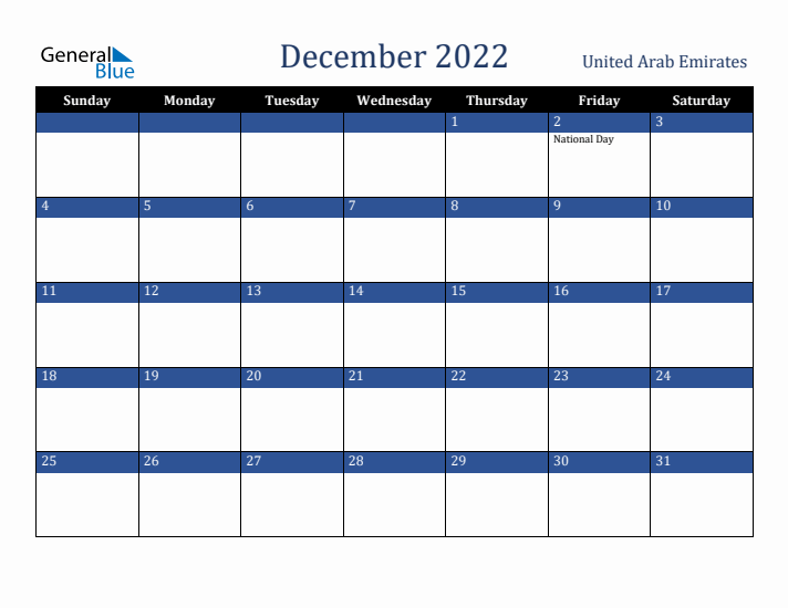 December 2022 United Arab Emirates Calendar (Sunday Start)