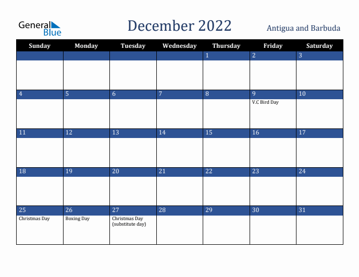 December 2022 Antigua and Barbuda Calendar (Sunday Start)