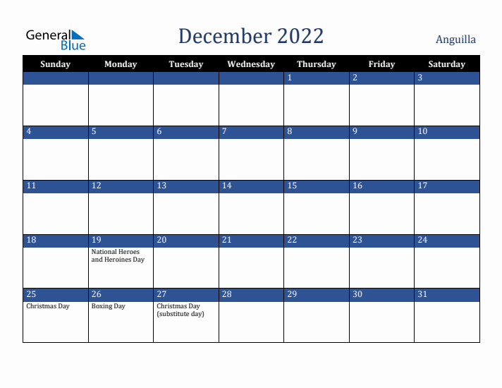 December 2022 Anguilla Calendar (Sunday Start)