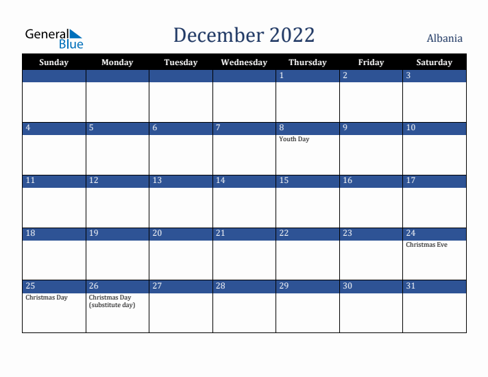 December 2022 Albania Calendar (Sunday Start)