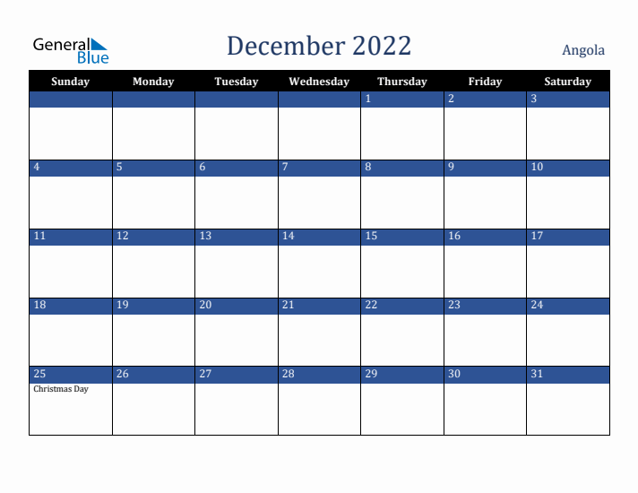 December 2022 Angola Calendar (Sunday Start)
