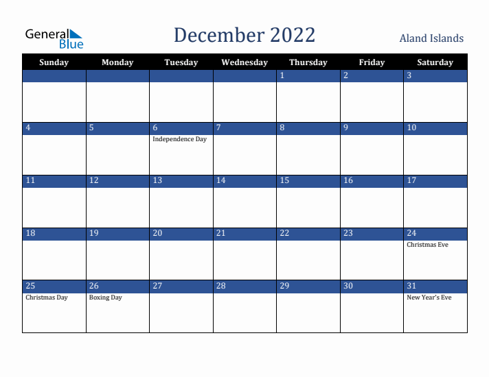 December 2022 Aland Islands Calendar (Sunday Start)