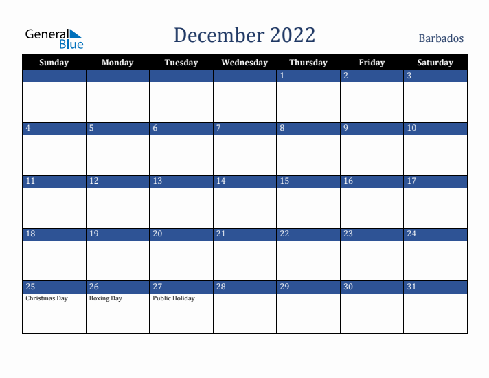 December 2022 Barbados Calendar (Sunday Start)