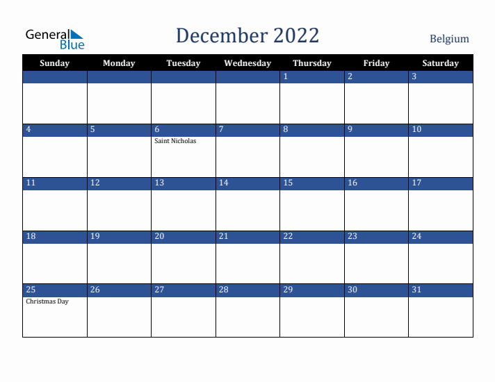 December 2022 Belgium Calendar (Sunday Start)