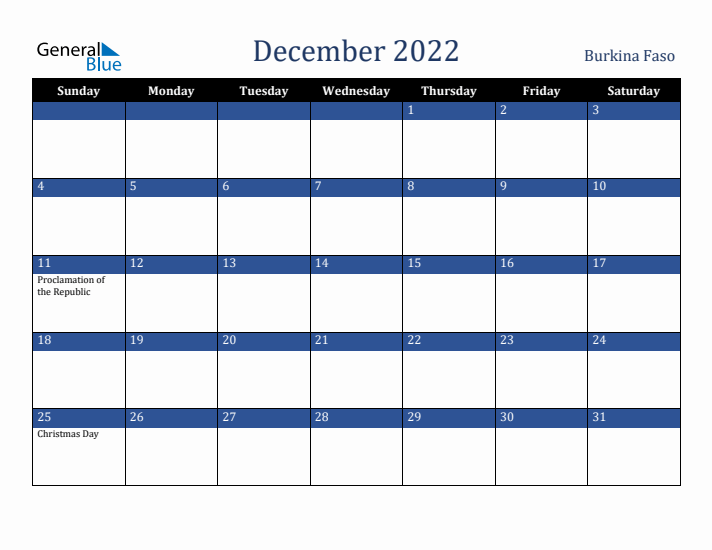 December 2022 Burkina Faso Calendar (Sunday Start)