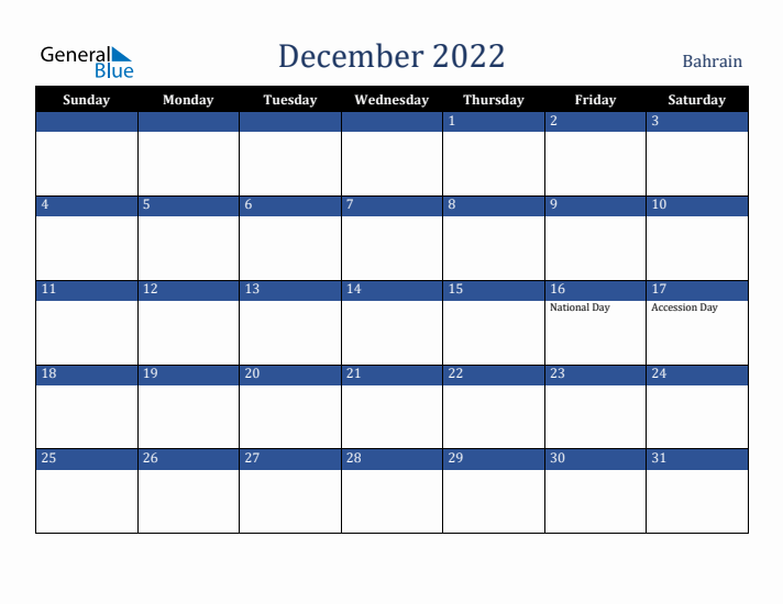 December 2022 Bahrain Calendar (Sunday Start)