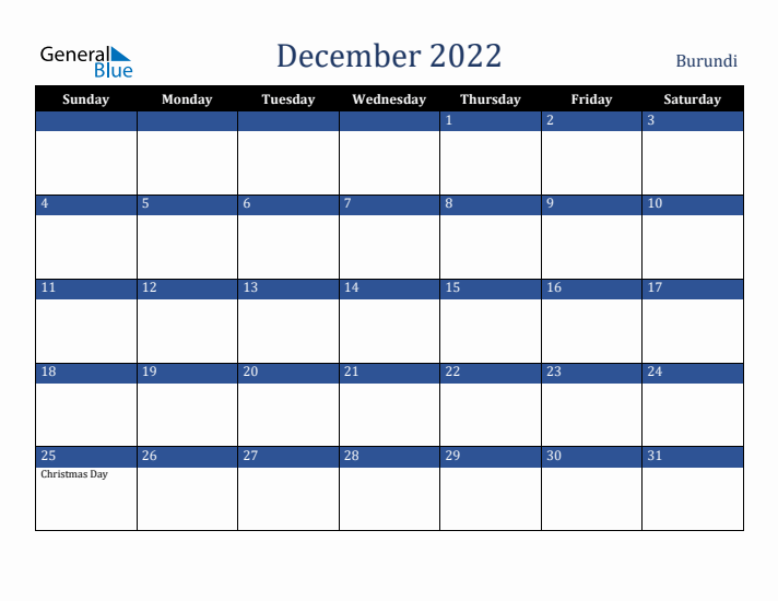 December 2022 Burundi Calendar (Sunday Start)