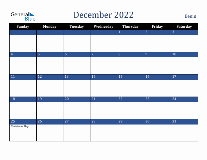 December 2022 Benin Calendar (Sunday Start)