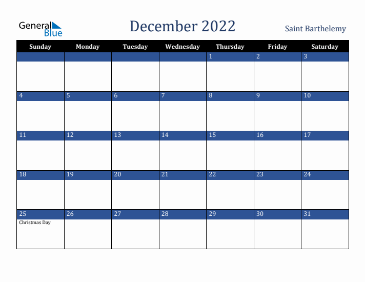 December 2022 Saint Barthelemy Calendar (Sunday Start)