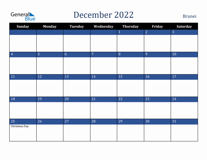 December 2022 Brunei Calendar (Sunday Start)