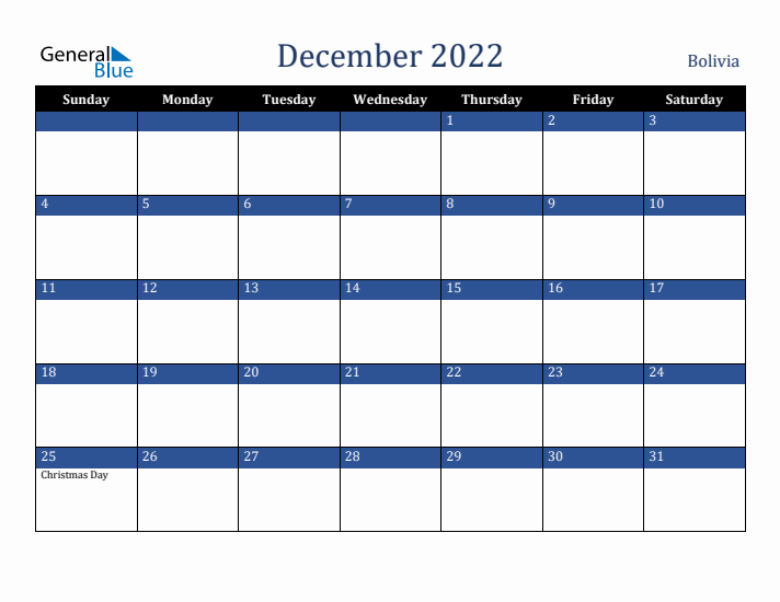 December 2022 Bolivia Calendar (Sunday Start)