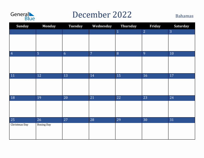 December 2022 Bahamas Calendar (Sunday Start)
