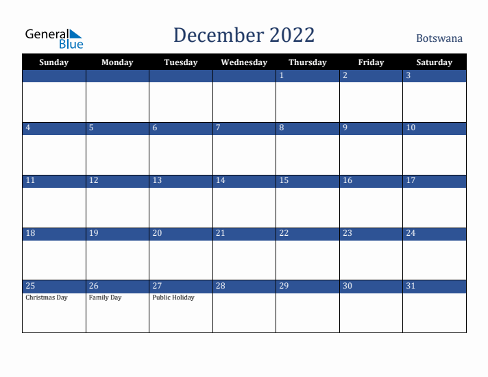 December 2022 Botswana Calendar (Sunday Start)