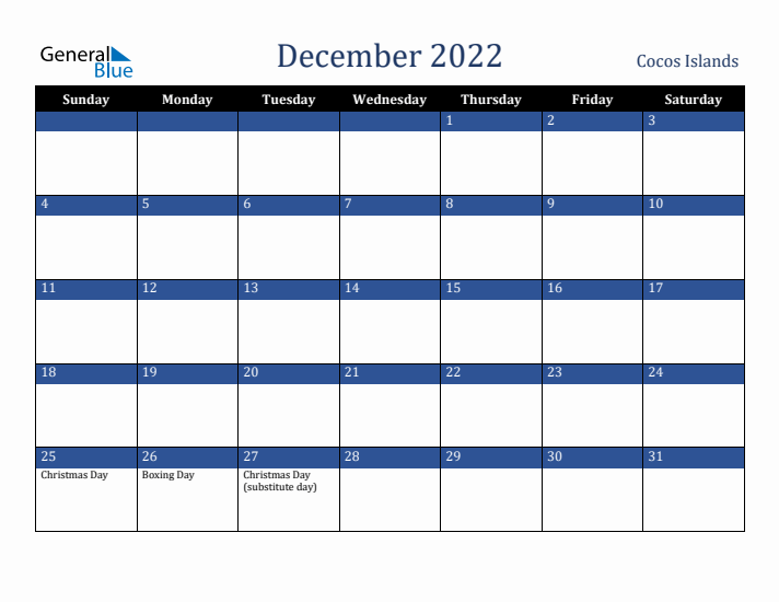 December 2022 Cocos Islands Calendar (Sunday Start)