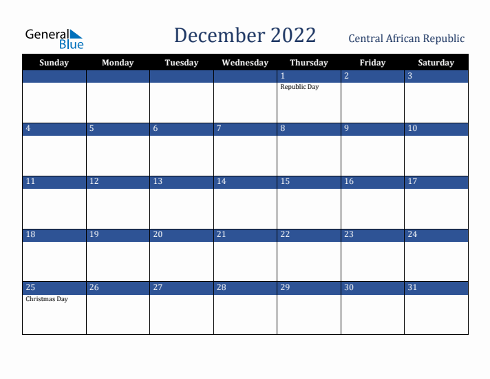 December 2022 Central African Republic Calendar (Sunday Start)