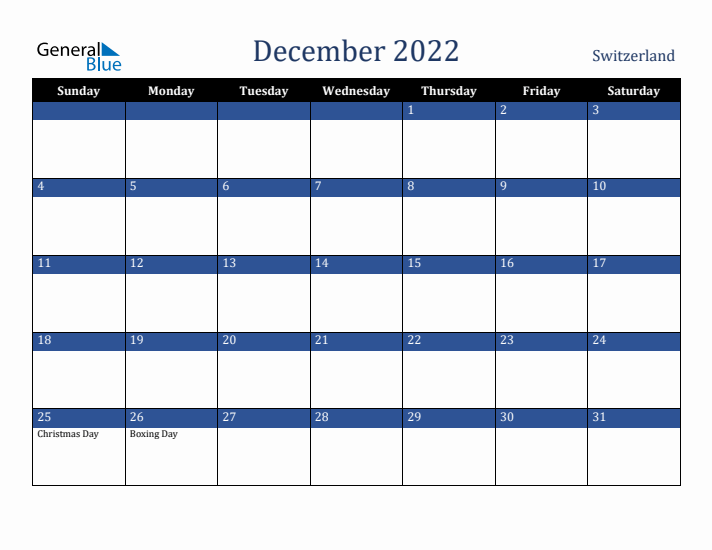 December 2022 Switzerland Calendar (Sunday Start)