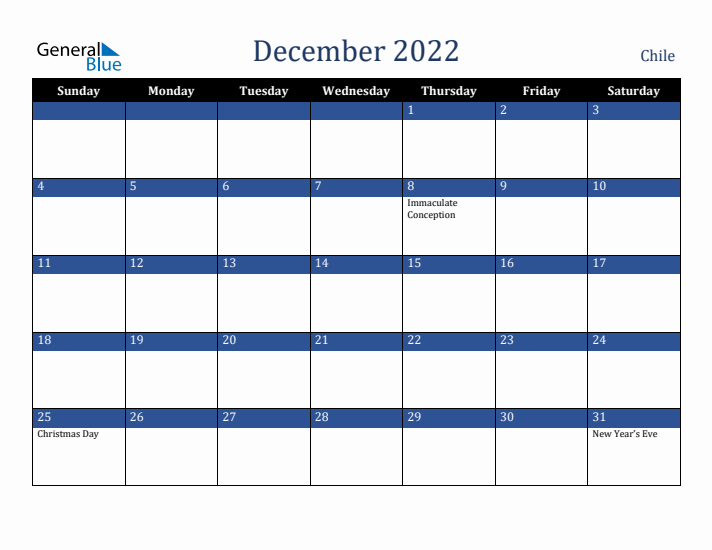 December 2022 Chile Calendar (Sunday Start)