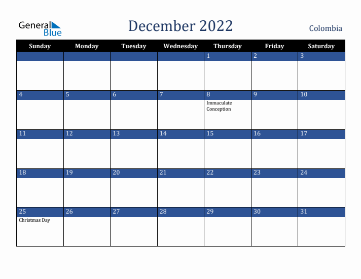 December 2022 Colombia Calendar (Sunday Start)