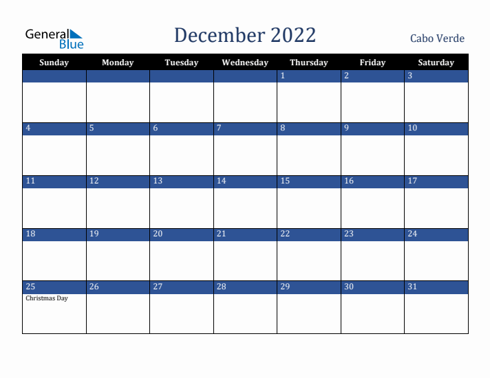 December 2022 Cabo Verde Calendar (Sunday Start)