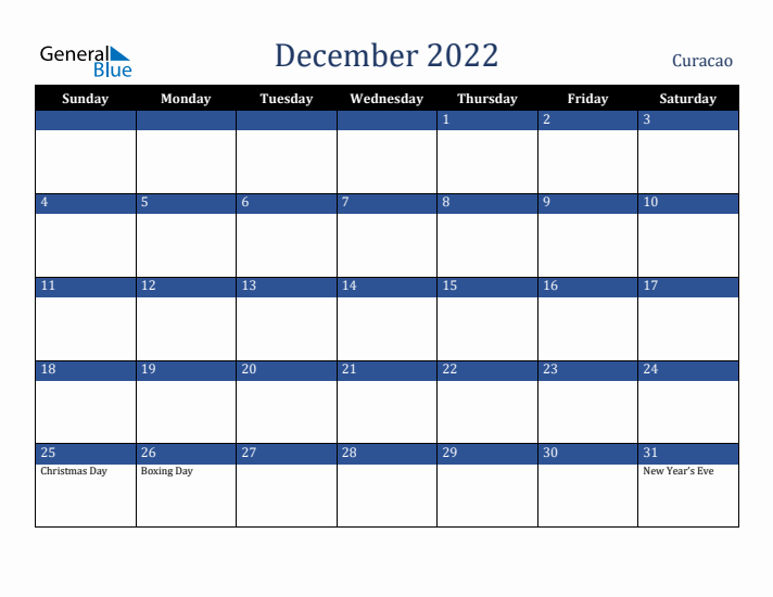 December 2022 Curacao Calendar (Sunday Start)