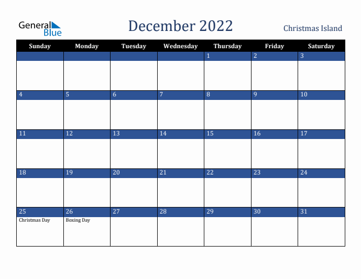 December 2022 Christmas Island Calendar (Sunday Start)