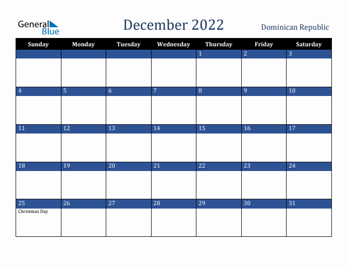 December 2022 Dominican Republic Calendar (Sunday Start)