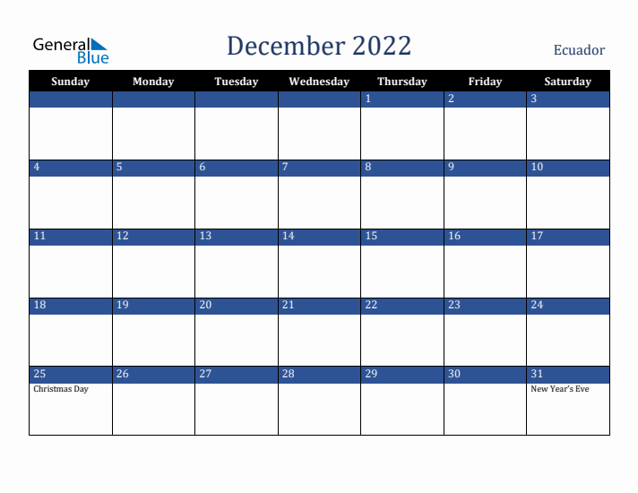 December 2022 Ecuador Calendar (Sunday Start)