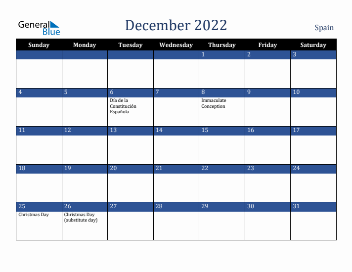 December 2022 Spain Calendar (Sunday Start)