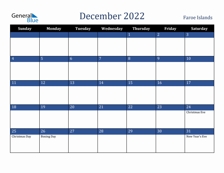 December 2022 Faroe Islands Calendar (Sunday Start)