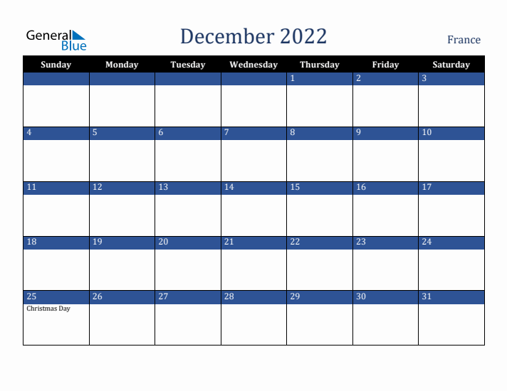 December 2022 France Calendar (Sunday Start)
