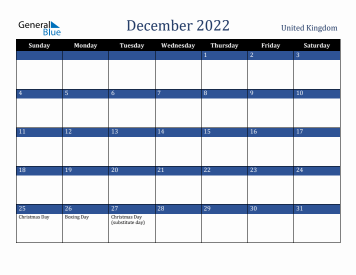 December 2022 United Kingdom Calendar (Sunday Start)