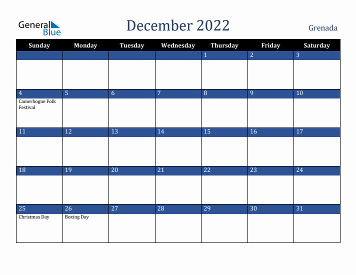 December 2022 Grenada Calendar (Sunday Start)