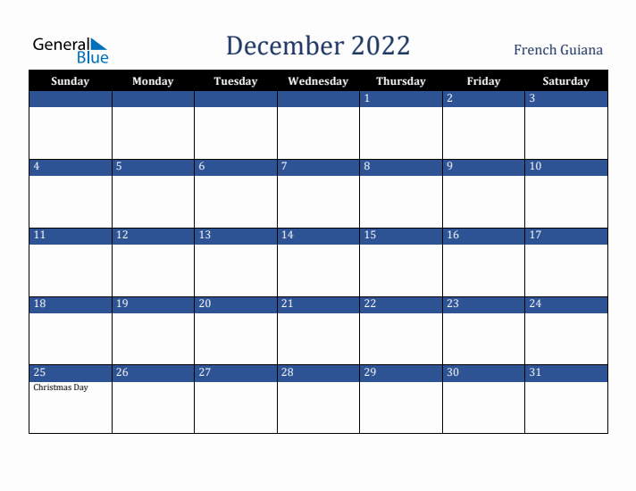 December 2022 French Guiana Calendar (Sunday Start)