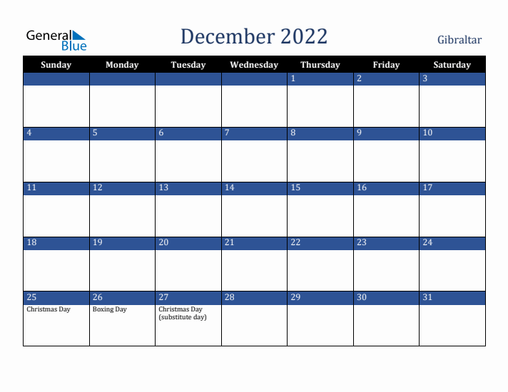 December 2022 Gibraltar Calendar (Sunday Start)