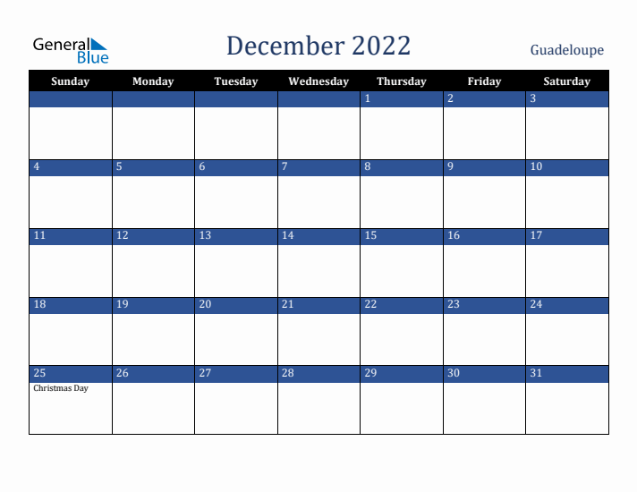 December 2022 Guadeloupe Calendar (Sunday Start)