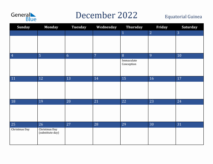 December 2022 Equatorial Guinea Calendar (Sunday Start)