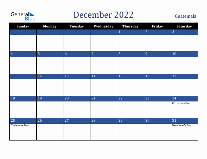 December 2022 Guatemala Calendar (Sunday Start)