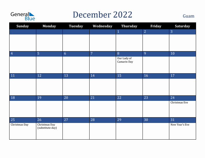 December 2022 Guam Calendar (Sunday Start)