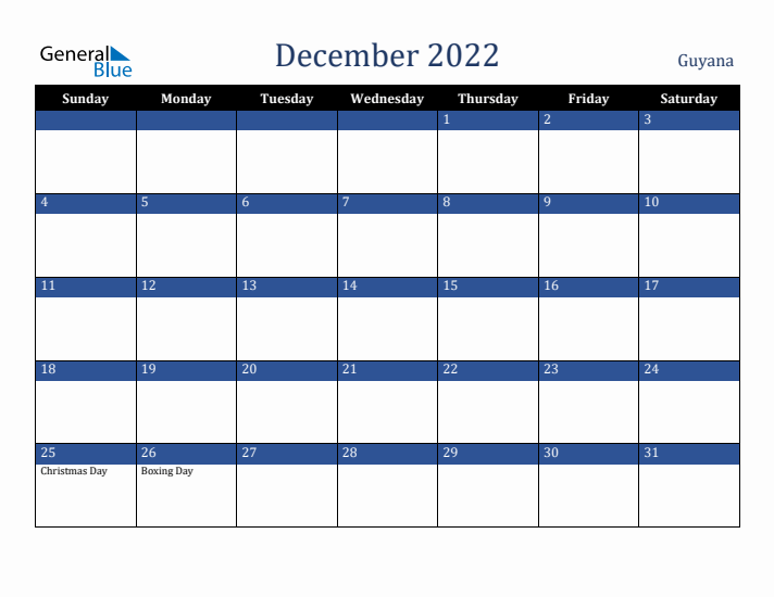 December 2022 Guyana Calendar (Sunday Start)