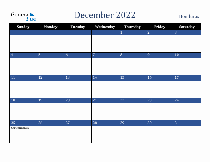 December 2022 Honduras Calendar (Sunday Start)