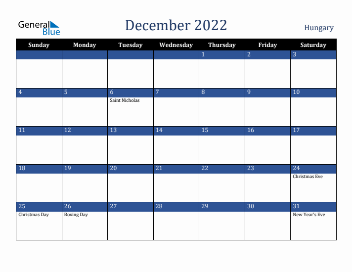 December 2022 Hungary Calendar (Sunday Start)