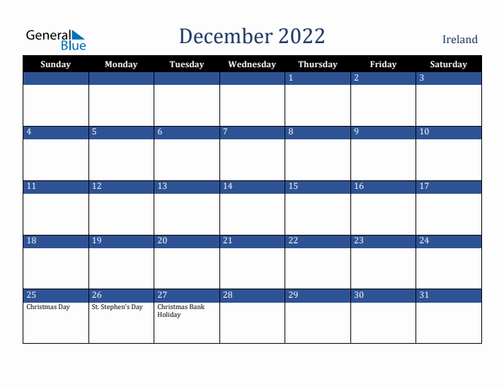 December 2022 Ireland Calendar (Sunday Start)