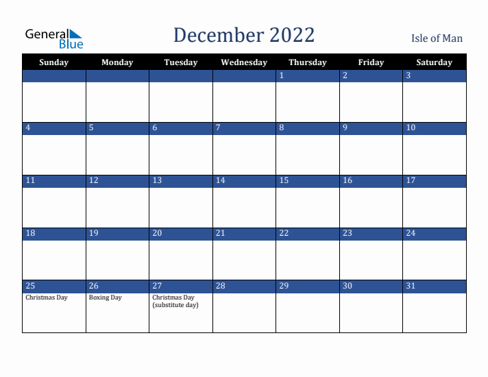December 2022 Isle of Man Calendar (Sunday Start)