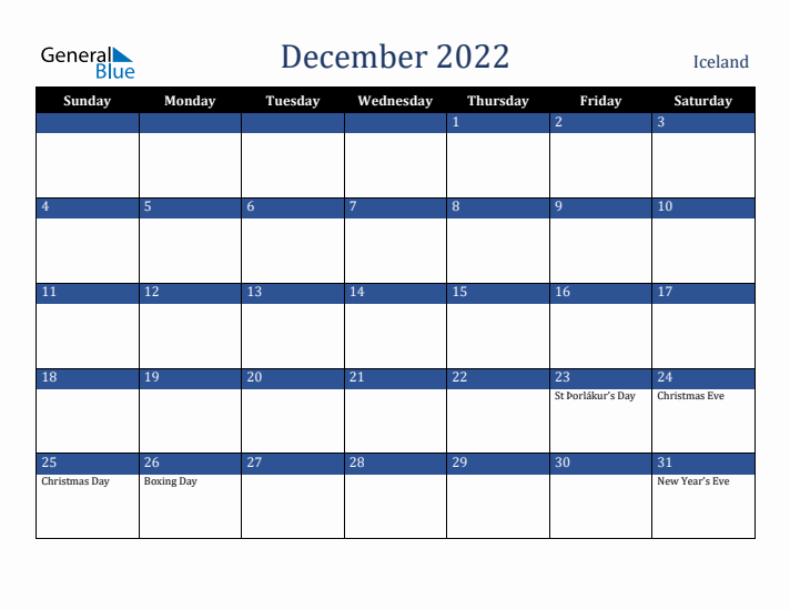 December 2022 Iceland Calendar (Sunday Start)