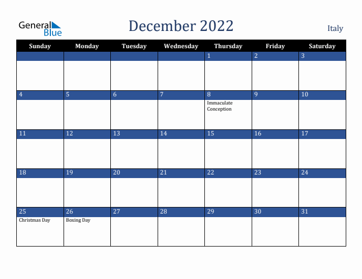 December 2022 Italy Calendar (Sunday Start)