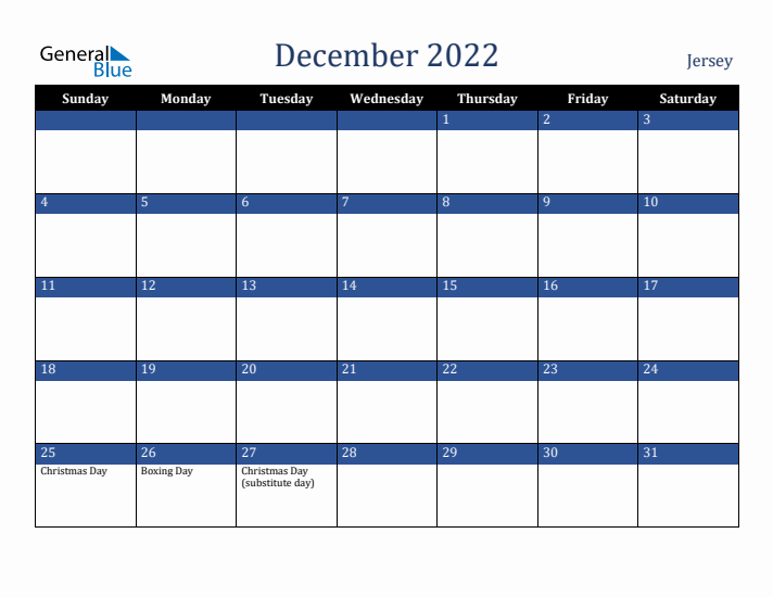 December 2022 Jersey Calendar (Sunday Start)